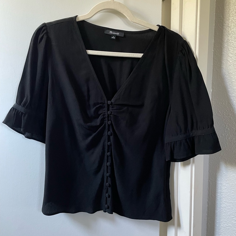 Madewell Black Ruched Tie Front Blouse